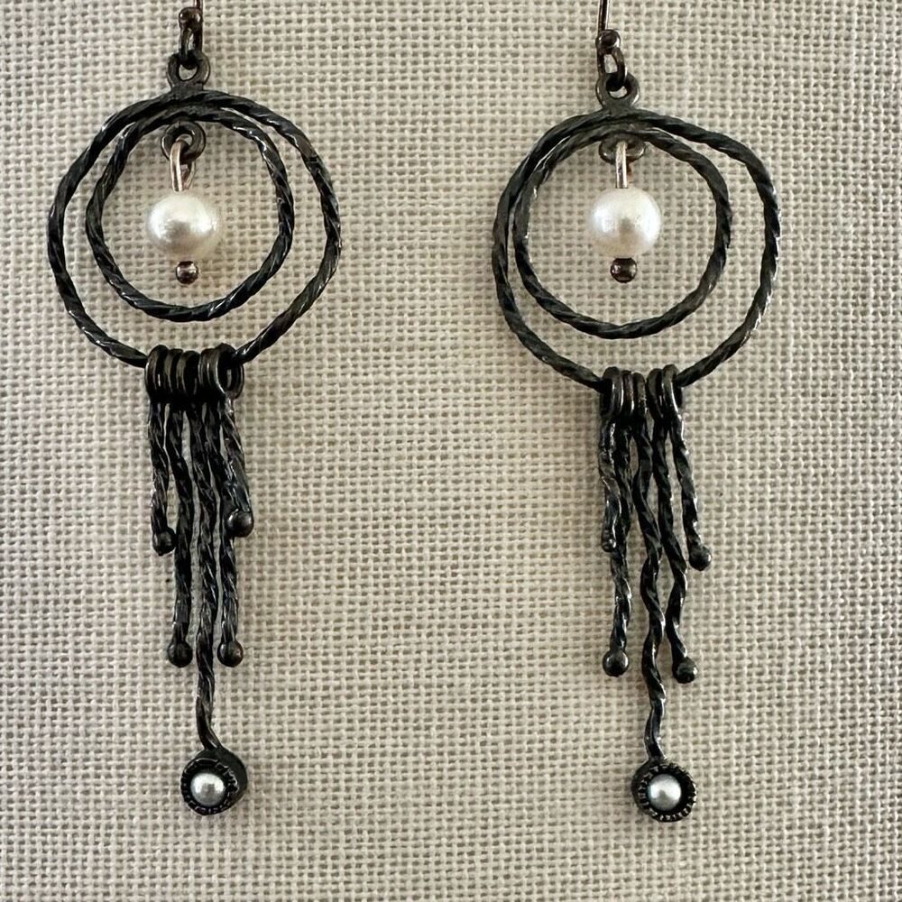 Sterling silver dangle earrings with freshwater pearls and twisted fringe